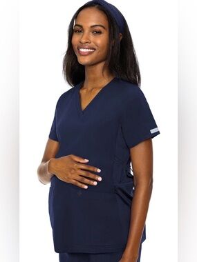 Med Couture Navy V-Neck Maternity Scrub Top with Adjustable Waist, Pockets
